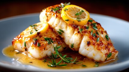 An appetizing plate of grilled cod fish fillet adorned with lemon slices and herbs, showcasing the perfect balance of flavor and presentation for seafood enthusiasts.