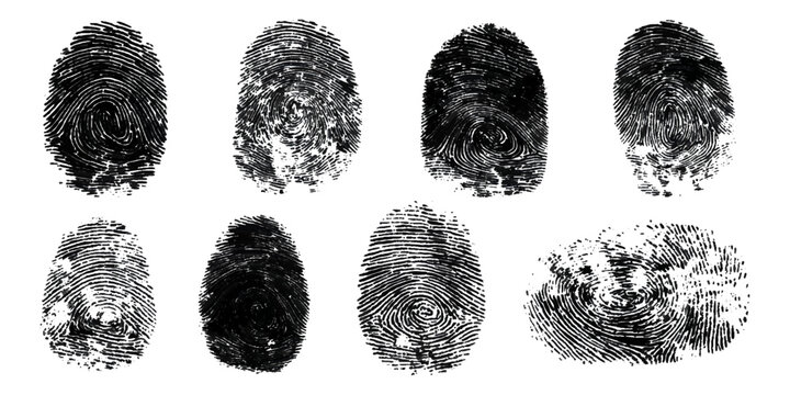 Abstract fingerprint imprint texture set. vector black grunge distressed ink evidence technology artistic dirty background design.