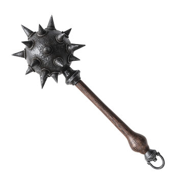 Medieval morning star mace weapon with iron spikes isolated on white background for historical game design