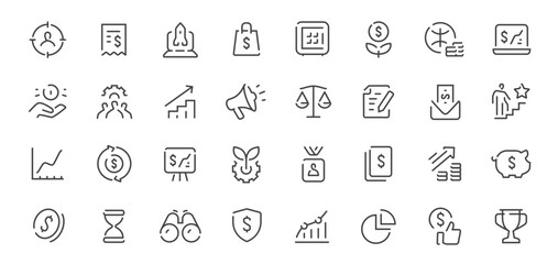 Finance and business line icons set. Investment, analytics, startup, marketing outline vector symbols. Infographics