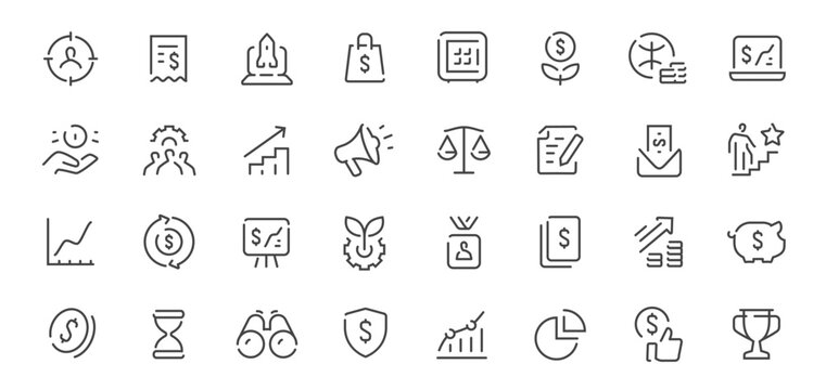 Finance and business line icons set. Investment, analytics, startup, marketing outline vector symbols. Infographics