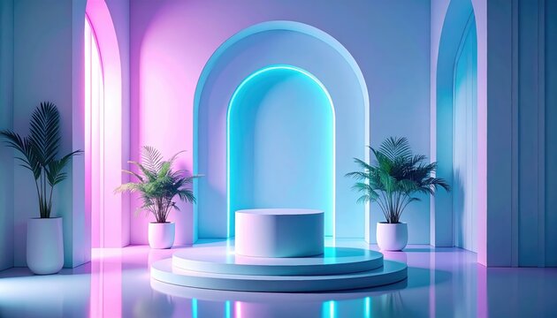 Podio per Prodotti con Archi Neon e Piante Tropicali - Set Virtuale 3D in Stile Vaporwave