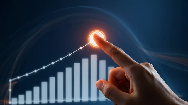 Hand interacting with a digital graph and blue button on a dark background with glowing lines