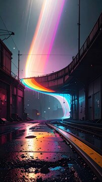 Scie Luminose Arcobaleno in Ambiente Industriale Notturno - Arte Digitale Urbana