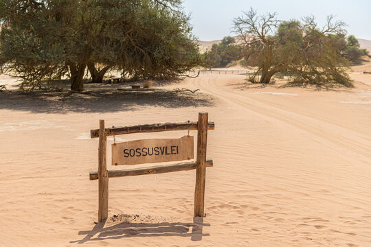 Wooden Sossusvlei sign at Sesriem in the Namib Desert,  Namibia