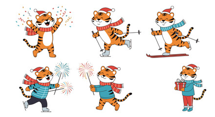 Festive tiger characters in winter clothing celebrate holidays with bright fireworks, gifts, and winter sports.