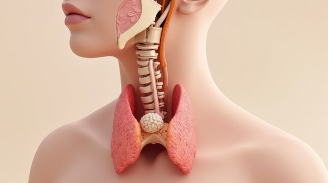 3D medical illustration of thyroid gland showing tumor nodule cancer larynx trachea anatomy endocrine system medical visualization oncology healthcare education 