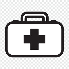 Obraz premium A red first aid kit box icon featuring a white medical cross symbol for emergency healthcare and hospital help, designed as a professional vector illustration suitcase or doctor bag