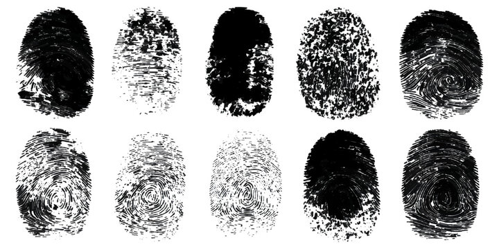 Abstract fingerprint imprint texture set. vector black grunge distressed ink evidence technology artistic dirty background design.