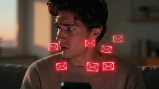 Overwhelmed young man looking at his smartphone surrounded by glowing red email icons. Stressed guy suffering from digital information overload and annoying spam messages