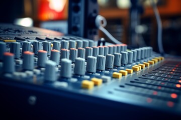 Audio mixer console with control knobs and faders operating in a recording studio