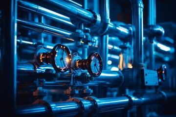 Fototapeta premium Complex industrial piping with pressure gauges measuring system performance in a factory