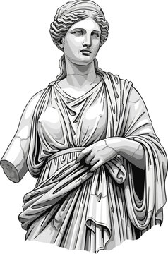 Create a realistic classical statue of a greek goddess figure artwork antiquity sculpture vector art with white background..