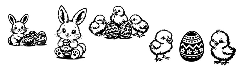 Easter bunnies baby chicks and decorated eggs set black and white line art © Katarzyna
