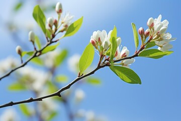 Fototapeta premium Cherry blossom branch with white flowers and green leaves opening against a clear blue sky