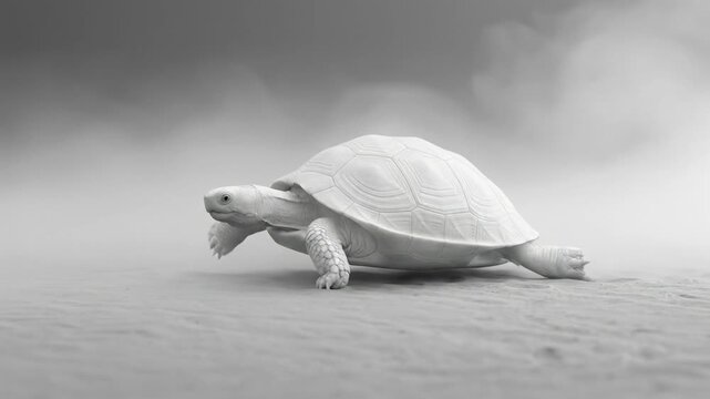 White Albino Turtle Walking on Sand Dunes with Foggy Background