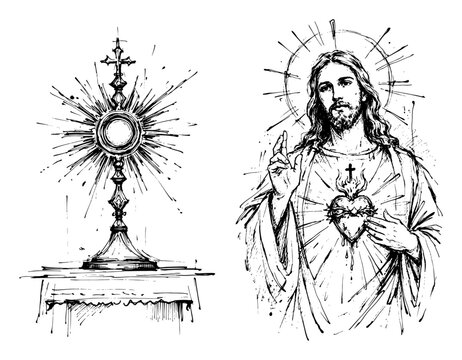 Holy monstrance for adoration and Jesus Christ Sacred Heart portrait in expressive hand drawn ink style