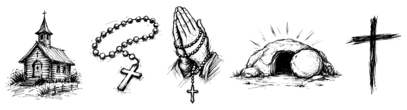 Collection of Christian religious symbols including church rosary and empty tomb black and white sketch