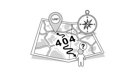 Fototapeta premium Conceptual illustration of a person facing a 404 error on a map with compass and question mark.