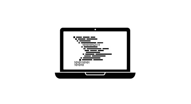 Laptop computer displaying programming code on screen in black and white.