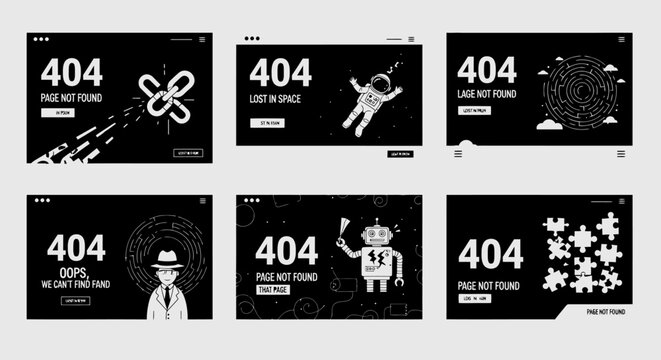 Creative 404 error page designs featuring various artistic and thematic illustrations.