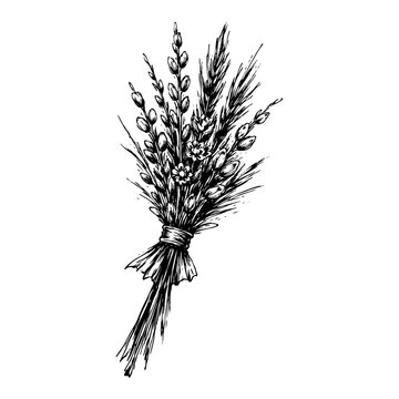 Traditional Easter palm bouquet with pussy willow and wheat black and white sketch