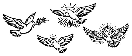 Obraz premium Holy Spirit dove set with olive branches and halos in black and white line art style