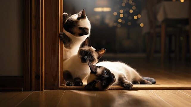 Curious Siamese Kittens Peeking Around Doorway