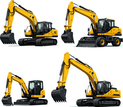 Create a realistic kinds of deferent Yellow excavator heavy construction equipment for digging and earthmoving vector art with white background.