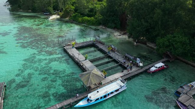 Aerial view of Shark Breeding at Menjangan Kecil Island's wooden docks and boats amidst turquoise waters and lush greenery, Karimunjawa, Jawa Tengah, Indonesia.