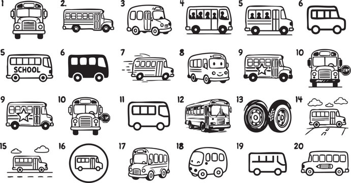 A versatile collection of black and white vector graphic illustrations featuring various styles of school buses and transportation vehicles for educational or transit design projects