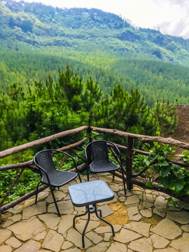 Peaceful outdoor terrace with chairs and table overlooking lush green pine forest and mountain landscape creating a scenic nature travel and relaxation destination.