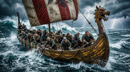 Viking longship sailing on a stormy sea with fierce warriors in dramatic ocean waves