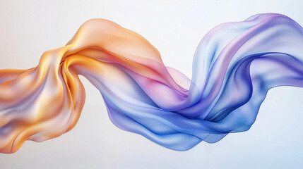 Fototapeta premium Elegant flowing silk-like fabric waves with smooth gradient colors in orange, pink, and blue on a minimal background.