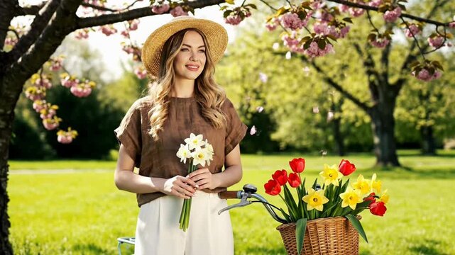Beautiful woman enjoying springtime in blooming park