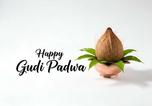 Happy Gudi Padwa celebration featuring a traditional auspicious coconut resting on fresh green mango leaves placed inside a copper kalash pot on a bright white background signifying new beginnings