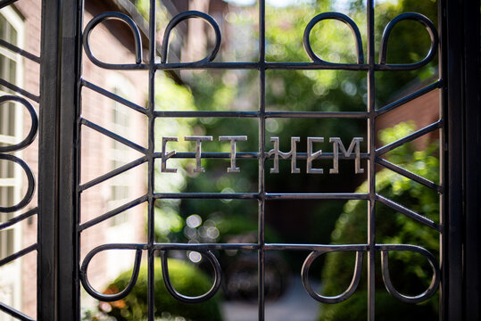 Wrought iron gate with swedish word "home", Stockholm street