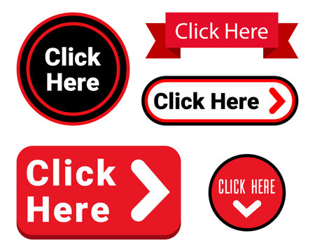 A collection of vibrant red and black call to action buttons with the text click here displayed high quality professional detailed modern elegant stylish clean crisp