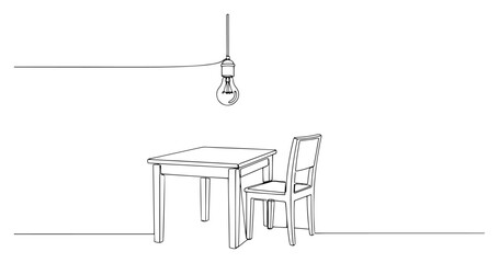 Fototapeta premium Minimalist dining room interior with wooden table and chair, continuous one line drawing vector illustration, modern home furniture concept