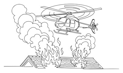 Obraz premium Firefighting helicopter flying over burning house roof with thick smoke, line art vector, emergency rescue and firefighting mission concept