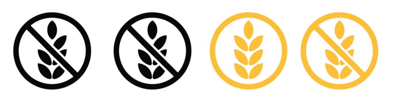 Gluten free label vector icons set, showcasing no wheat symbols and templates for dietary products, gluten-free meals, and health-focused nutrition vector designs.