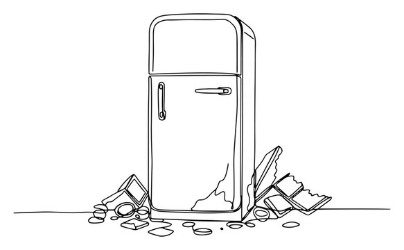 Old refrigerator with trash and food waste, continuous one line drawing vector, food spoilage or waste management concept, broken appliance