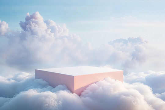 Minimal pastel podium floating among soft clouds, perfect for product presentation, branding, and advertising mockups.