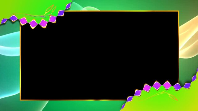 Vibrant Green and Purple Abstract Digital Overlay Frame with Gold Trim and Fluid Light Effects