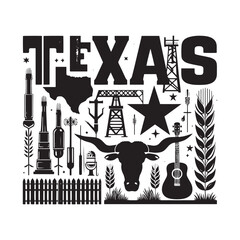 Fototapeta premium A graphic representation of texas culture and symbols in black and white.