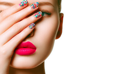 A young woman covers her face with her hand. A woman's hand covers her beautifully manicured face.