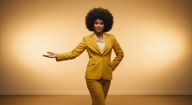 Confident black woman in yellow suit presenting with outstretched arm  