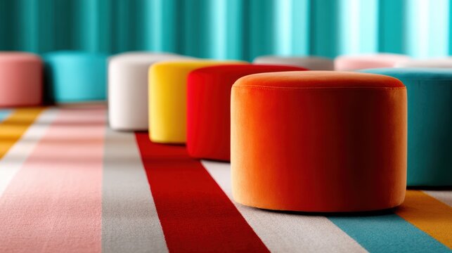 An artistic arrangement of brightly colored ottomans against a vivid striped background, creating a playful and inviting atmosphere for modern interior design.