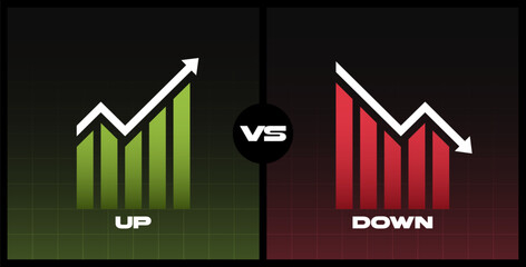 Up and down graphic trend isolated on dark background. Falling and rising graph with green and red indicator. Stock exchange concept. Trader profit and loss. Vector illustration.