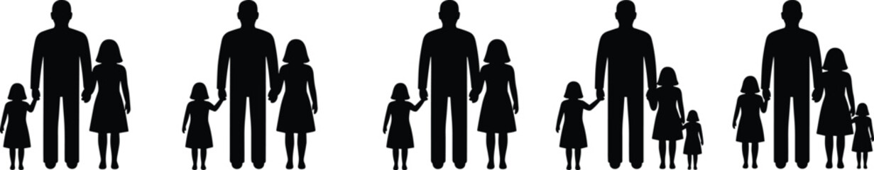 Obraz premium Family silhouette collection showing parents with one to five children, concept of family size, unity, love, parenting, demographics, social structure